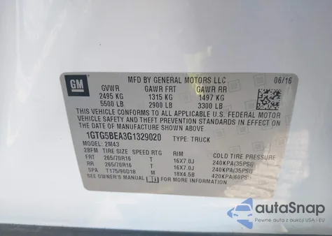 2016 GMC Canyon z USA, uszkodzony, nr VIN 1GTG5BEA3G1329020